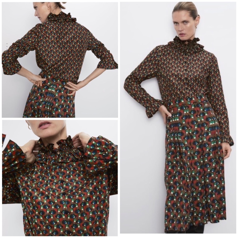 EUC Zara Floral Tulips High Neck Ruffle Buttondown Blouse Top S​​​​​